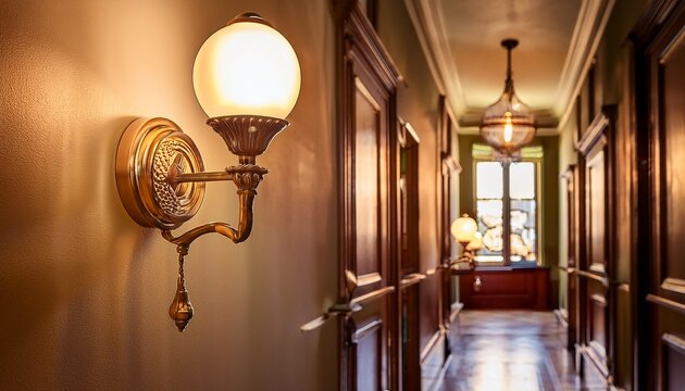 vintage brass wall sconce in elegant hallway with warm lighting ambiance