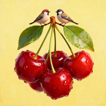 Two Little Sparrows Perched on Dewy Red Cherry Bunch