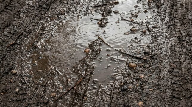 Muddy dirt road with deep tire tracks and water puddle after heavy rain, rural offroad path texture, concept of difficult travel, adventure journey, and rugged terrain