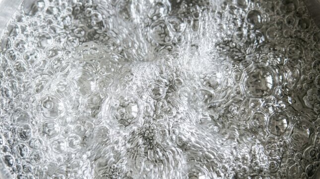 Boiling water in a metal pot close up view, intense bubbling liquid surface, cooking preparation concept, high heat kitchen process, food preparation background