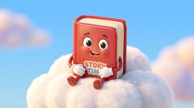 Cartoon red stop sign character on a fluffy cloud. Cute warning icon in sky with playful 3D style.