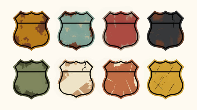 Set of Eight Vintage Route 66 Style Shield Signs with Grunge Texture and Faded Colors, Blank for Custom Text, Graphic Resource Collection