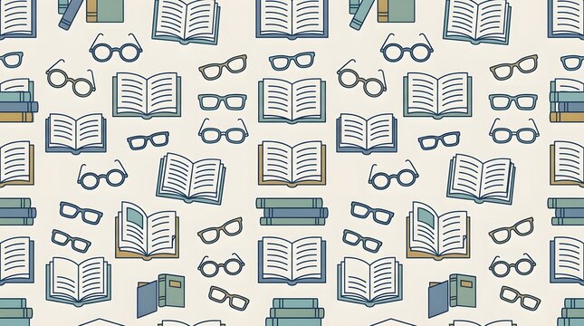 Books and glasses pattern on beige background. Seamless education wallpaper with reading icons.
