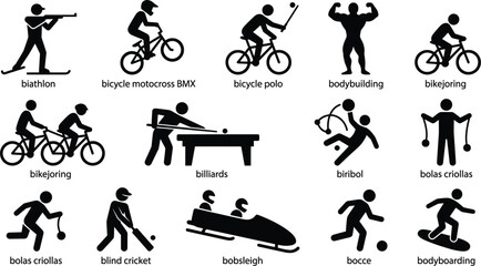 Obraz premium Sports and Athletic Activities Stick Figure Icon Set Starting with Letter B Including Biathlon, BMX, Billiards, Bobsleigh, and Bodybuilding Vector