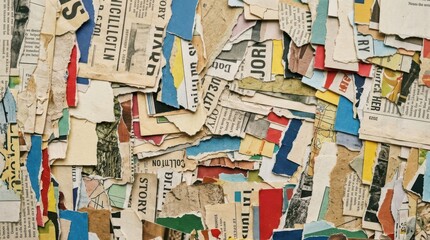 Fototapeta premium Abstract Collage Background Made of Torn Newspaper and Magazine Scraps for Artistic Texture Design and Vintage Paper Craft Projects