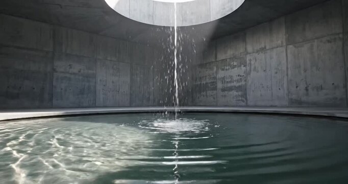 Water falling into a circular concrete basin from a ceiling oculus