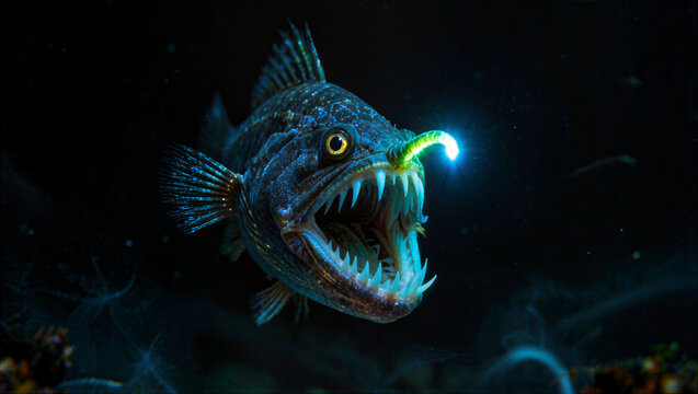 Bioluminescent deep sea anglerfish predator with glowing lure
