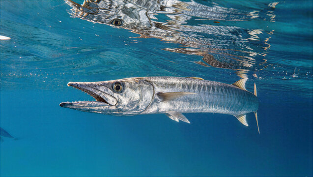 Predator barracuda fish with open mouth swimming underwater