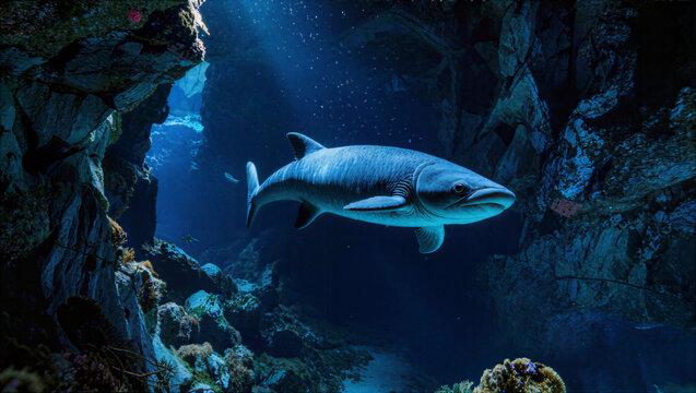 Prehistoric fish swimming in dark blue underwater cave