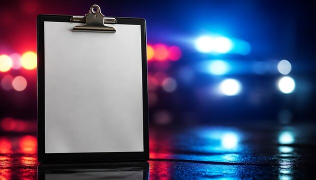 Blank clipboard with blurred police car lights in the background, perfect for crime scene notes or incident reports