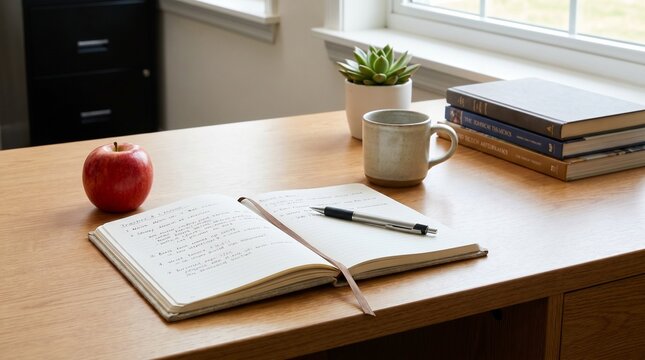 Minimalist home office desk setup with open notebook for journaling, study planning, and remote work productivity concept with apple and succulent plant