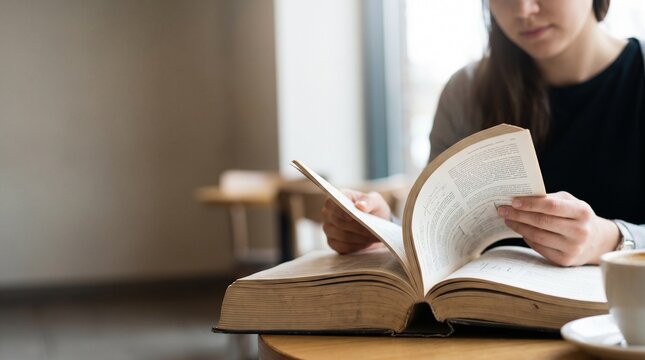 Young female student reading a thick textbook in a quiet cafe, focused academic study session, concept of lifelong learning, education, knowledge acquisition and research