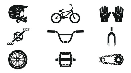 Obraz premium Black silhouette BMX and mountain bike equipment icons set.