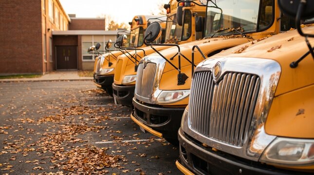 Row of yellow school buses parked in a school parking lot during autumn season, representing back to school transportation, education logistics, and seasonal school bus fleet management
