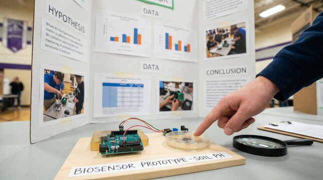 Teenage student presenting a soil pH biosensor prototype at a science fair project exhibition, showcasing STEM education, scientific research, and innovation