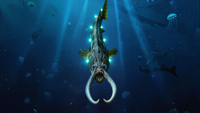 Bioluminescent Deep Sea Predatory Fish In Dark Ocean