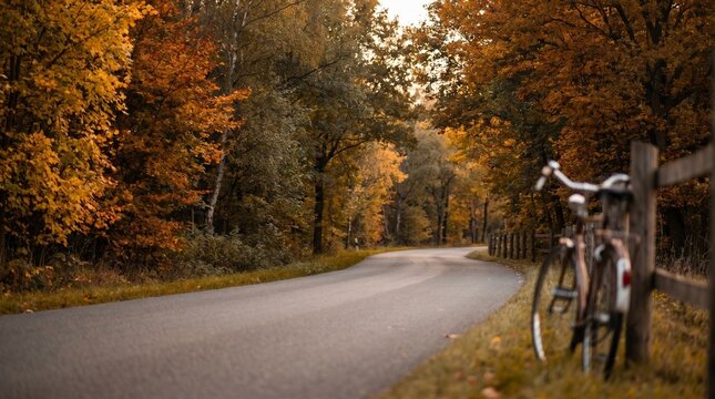 Vintage bicycle leaning against wooden fence on winding autumn road through forest, scenic fall landscape background for travel, leisure, and outdoor lifestyle concepts