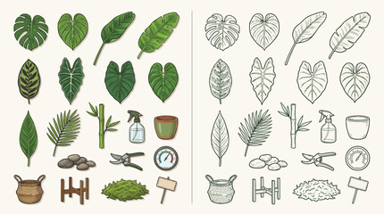 Collection of illustrated tropical plant leaves, gardening tools, and supplies in color and line art. © renender
