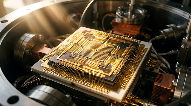 advanced quantum computer processor with intricate golden circuits inside a metallic chamber, scientific breakthrough, technology concept