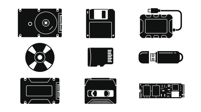 Data storage device silhouette icons set on white background