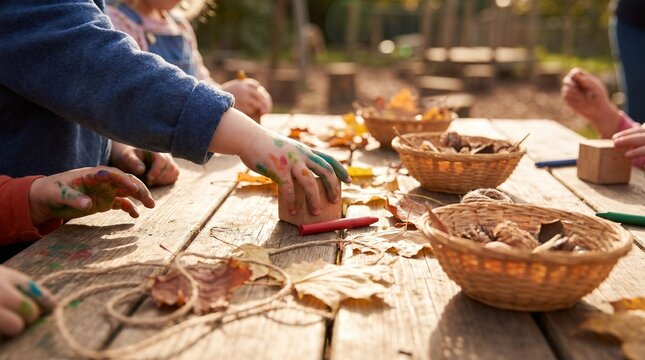 Preschool children hands playing with wooden blocks and autumn leaves on outdoor table for nature based forest school education and creative sensory learning activity