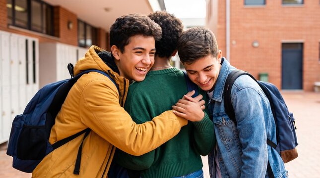 Three teenage boys hugging in school hallway, diverse male friends embracing, happy high school students showing friendship, support, and unity in educational setting
