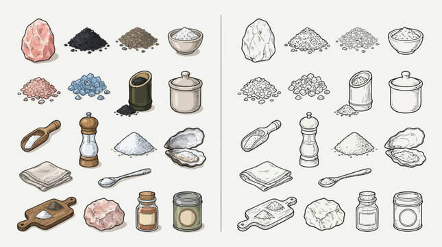 Collection of various salts and spices in different containers and forms, including Himalayan pink salt, black salt, sea salt, and peppercorns.