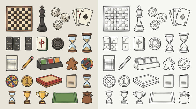 Collection of board games and tabletop game elements, presented in both color and outline versions.