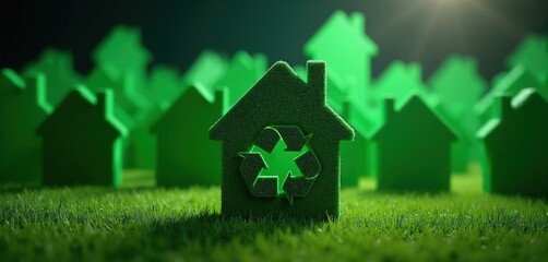 Obraz premium Green house silhouettes sit on grass surface. Recycling symbol cut out on central home structure represents sustainable living concept. Eco friendly building design shows environmental awareness.