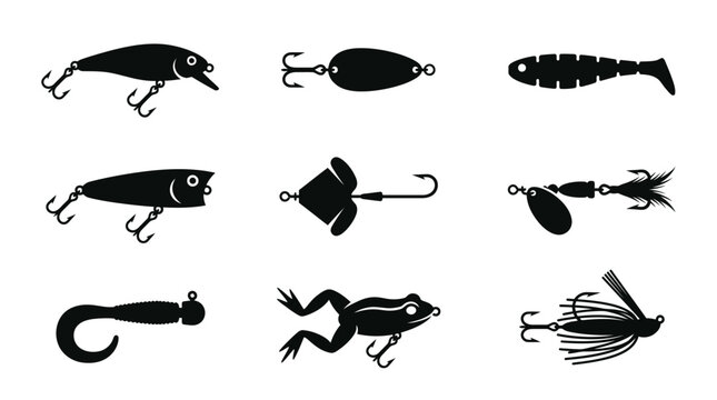 Fishing lures and tackle bait icon collection.