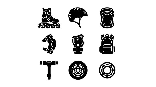 Inline skating equipment and protective gear icon set