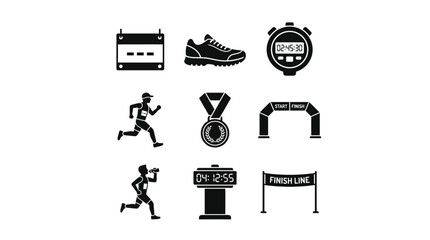 Fototapeta premium Marathon and track race competition black icon set.