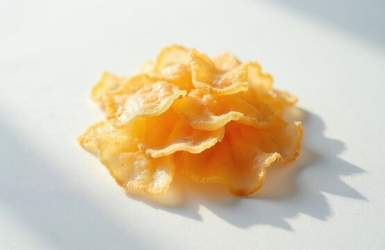 Pile of dried yellow fish maw arranged on white surface. Delicate wavy texture catches bright light casting soft shadows. Seafood delicacy ready for cooking or sale.
