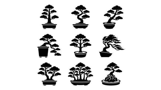 Bonsai tree silhouettes in pots.