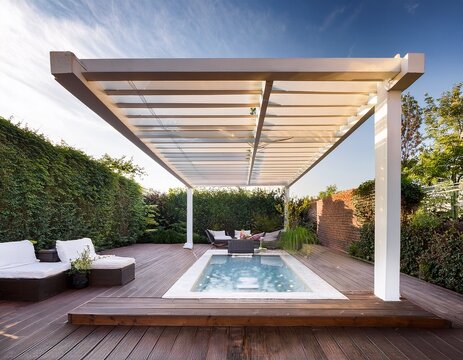 detailed rendering of a modern urban patio with a white pergola and jacuzzi