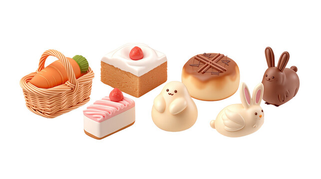 Charming easter sweets icon set with carrot basket strawberry cake bunnies chocolate bunny and glazed bun isolated on transparent background for bakery packaging