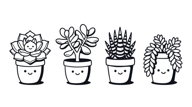Cute Hand Drawn Succulent Plant Icons in Smiling Pots Line Art Set