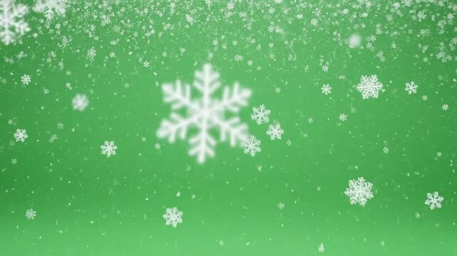 White snowflakes falling gently against a solid green background