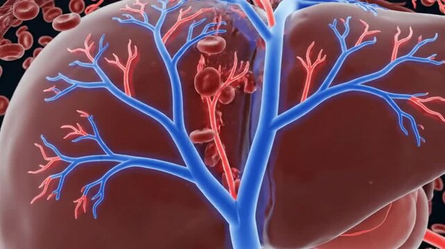Human Liver Anatomy with Blood Vessels, Veins, Arteries, and Red Blood Cells