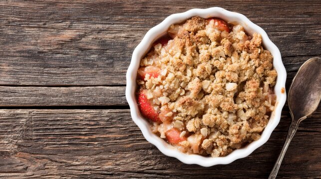Fresh Apple Crisp Dessert with Crumbled Topping and Strawberries