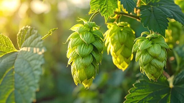 Fresh green hop cones hanging on a vine in a sunny field