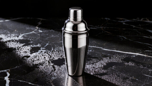 Polished chrome cocktail shaker on elegant black marble