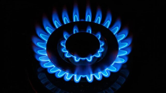 A bright blue flame burns intensely on a modern kitchen stove burner