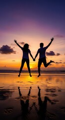 Fototapeta premium Silhouettes of a happy couple jumping on a beach at sunset holding hands.