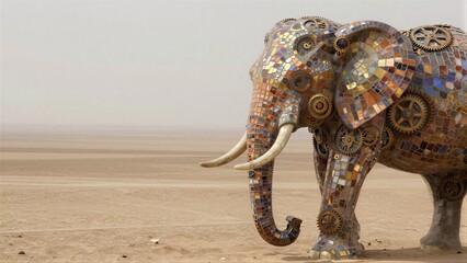 Obraz premium Mosaic elephant with gears stands in vast, dusty desert landscape under hazy sky.