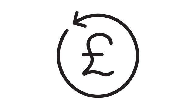 black vector line art icon of a pound symbol with an arrow featuring currency, money