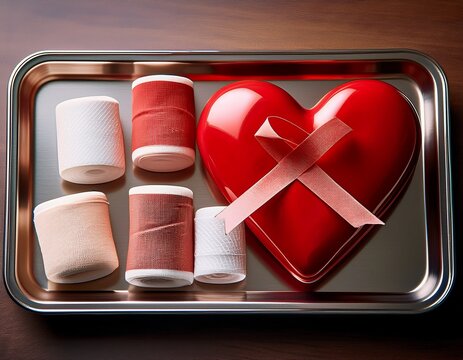 a tray with a red ribbon bandages and a heart highlighting medicalert awareness month and the importance of medical ids