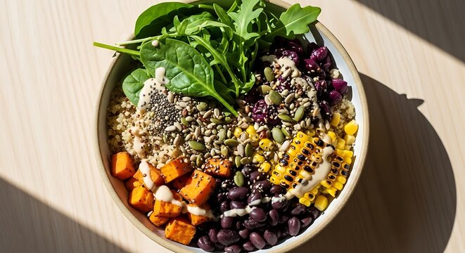 Vibrant bowl of quinoa salad with roasted sweet potatoes and vegetables