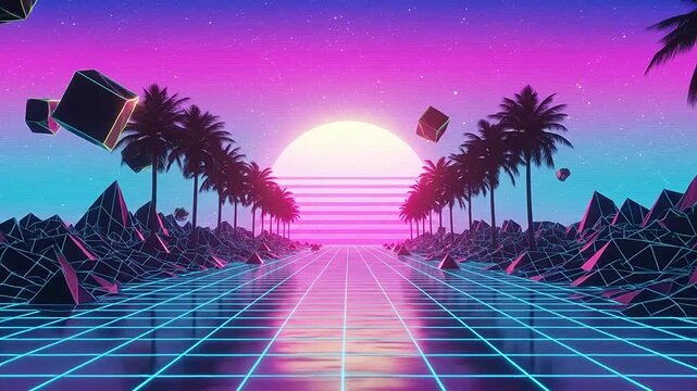 A vibrant digital landscape featuring a glowing sun and floating geometric shapes in a retro style