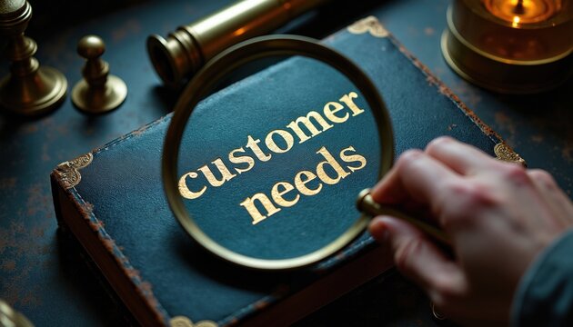 Hand holds magnifying glass over book cover text customer needs. Business pro investigates client requirements. Focus on research, data analysis for company strategy. Concept of service improvement